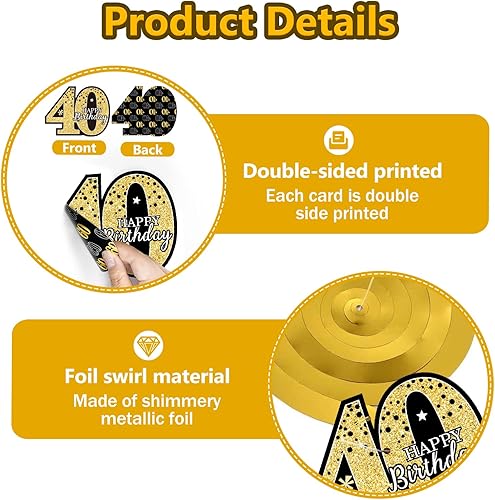 Miniatura 3 de 36 decoraciones de fiesta de cumpleaños de 40 cumpleaños negro dorado 40 cumpleaños espirales suministros de fiesta para hombres y mujeres 40