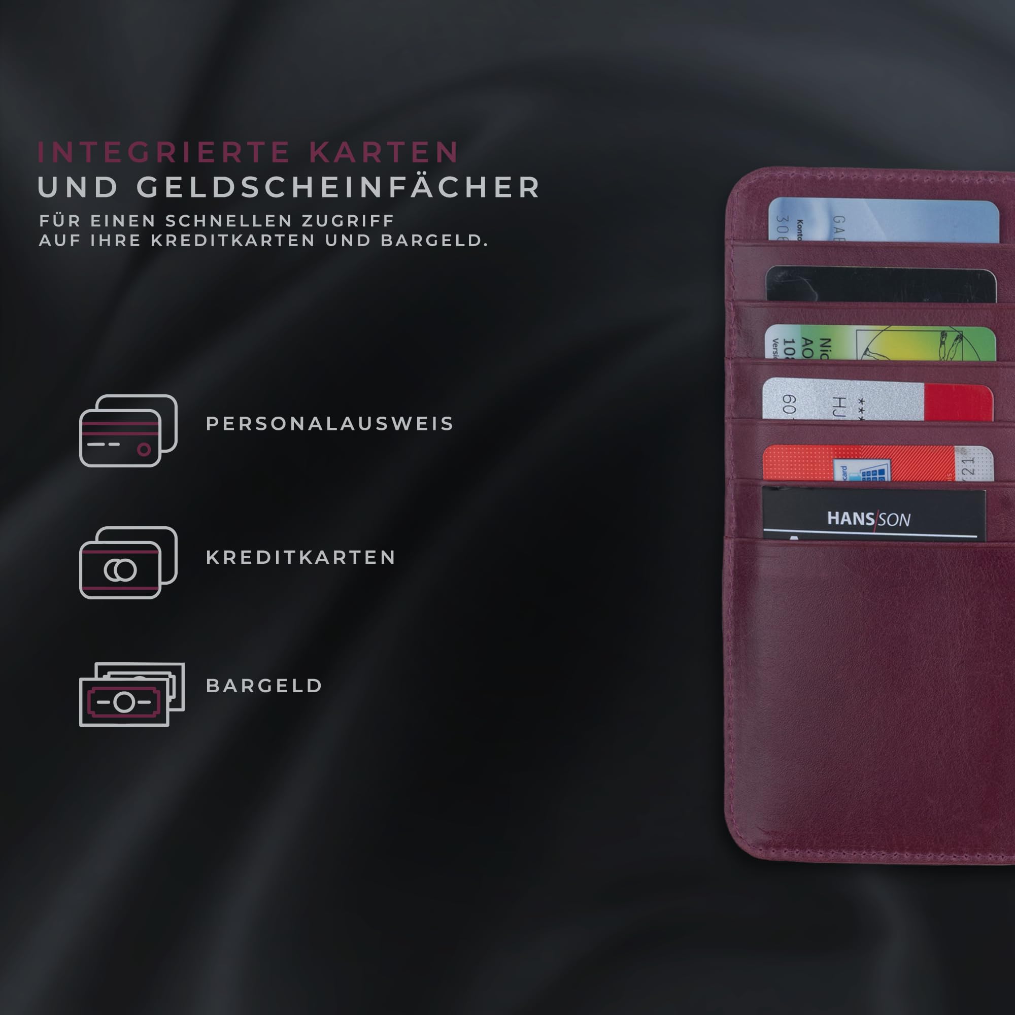 HANS/SON Echt-Leder-Handyhülle für iPhone 14 – Schmale 2 in 1 Klapphülle mit Kreditkartenetui, Magsafe kompatibel, perfekte Passform, stoßfest, Standfunktion, 6,1 Zoll – Magenta
