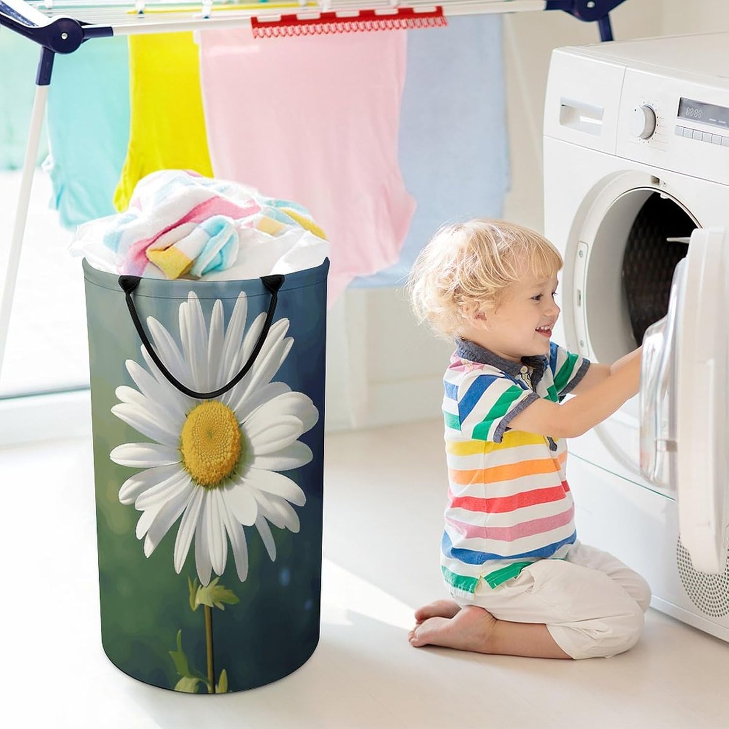 Daisy Flower Laundry Hamper with Handles Waterproof Collapsible Laundry Basket Large Lightweight Round Dirty Clothes Hamper for Home Dorm Bathroom Decor