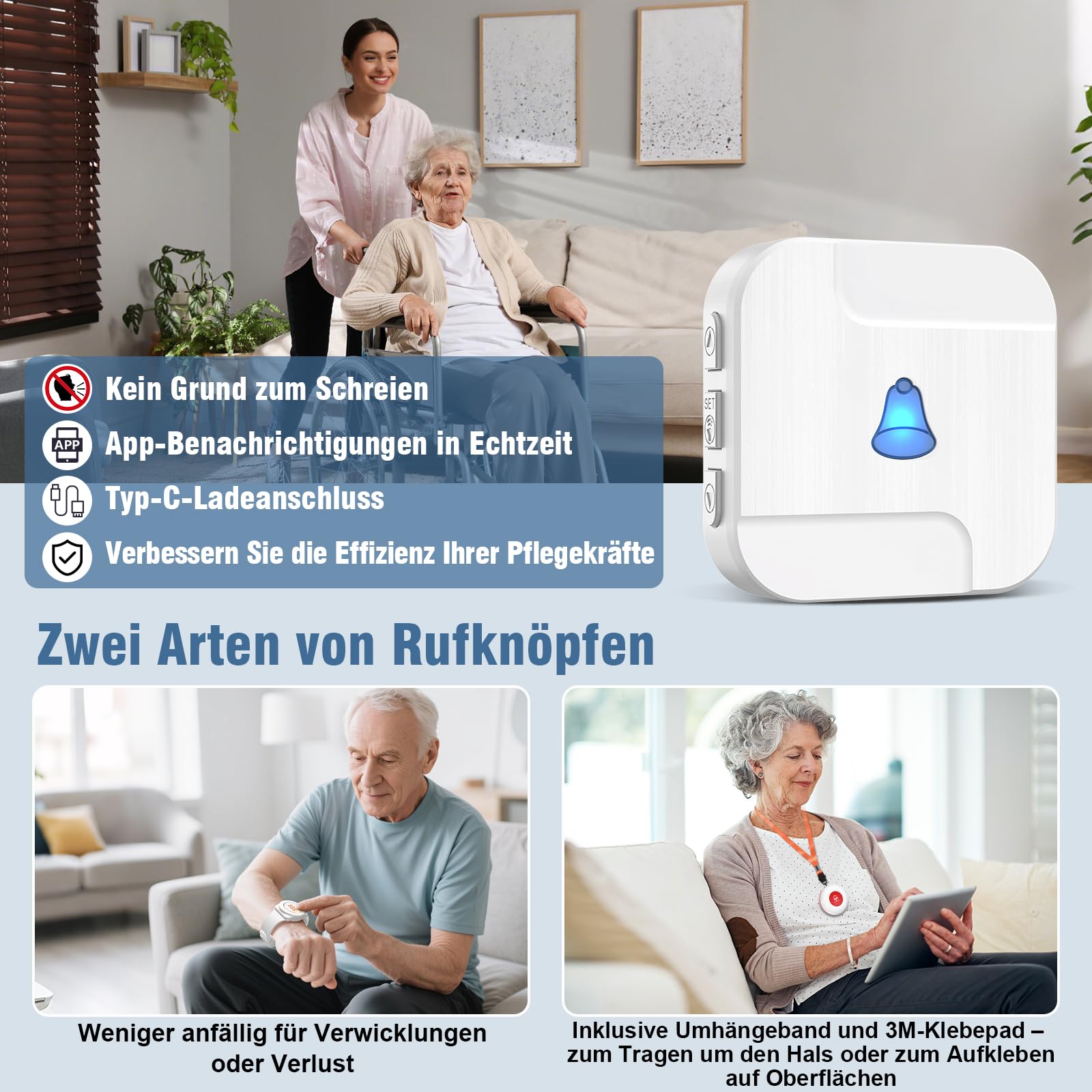 ChunHee WiFi Notrufknopf für Senioren Notfallarmband Emergency Alert System für Senioren Patienten Behinderte Ältere (unterstützt nur 2.4GHz Wi-Fi) (1*empfänger + 2 Taste + 1*Armband)