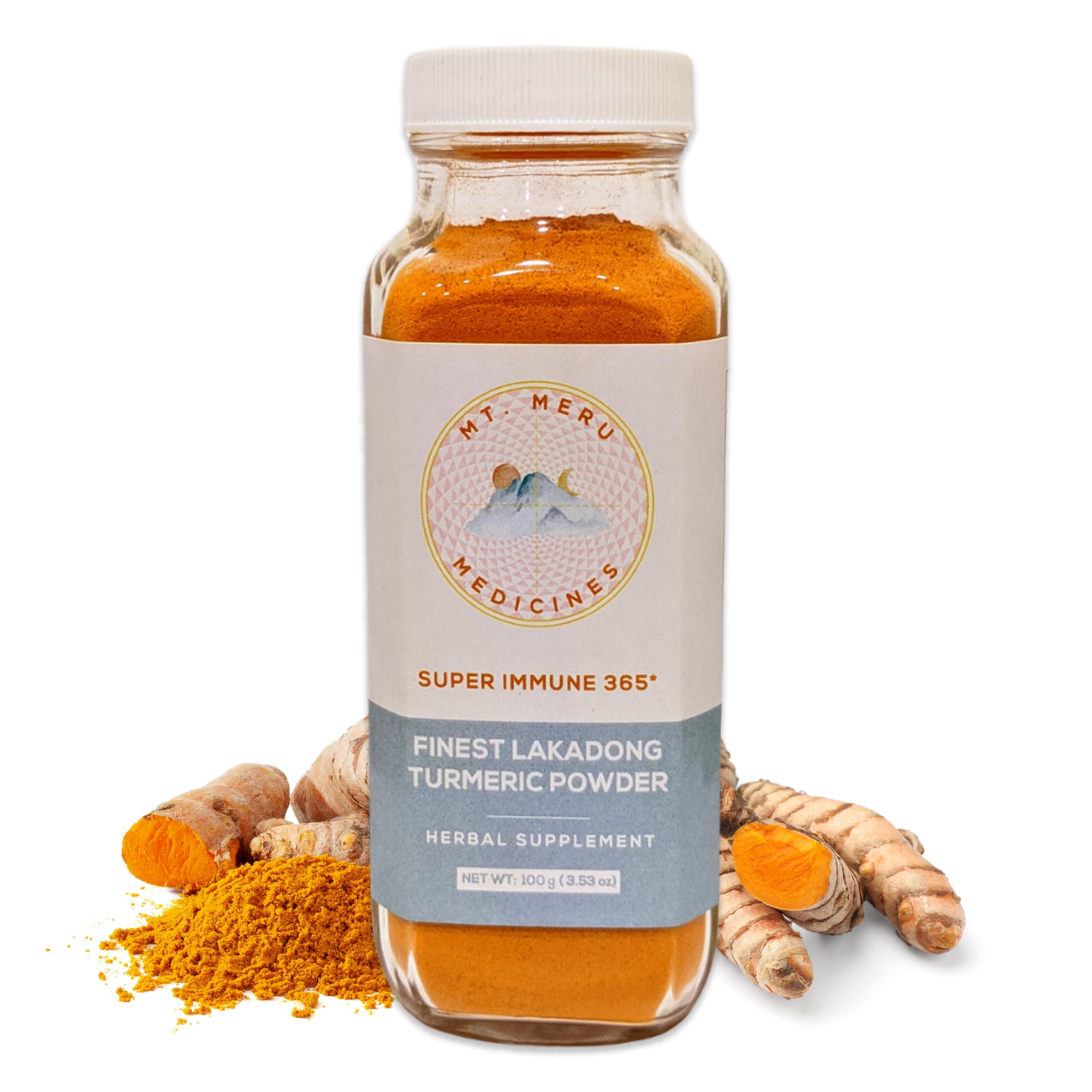 Mt.Meru Medicines Finest Lakadong Turmeric/Haldi Powder, Non-GMO, Third-Party Tested for Heavy Metals and Curcumin Content, Hand-Picked, Sun-Dried and Stone-Ground (100g/3.53oz)