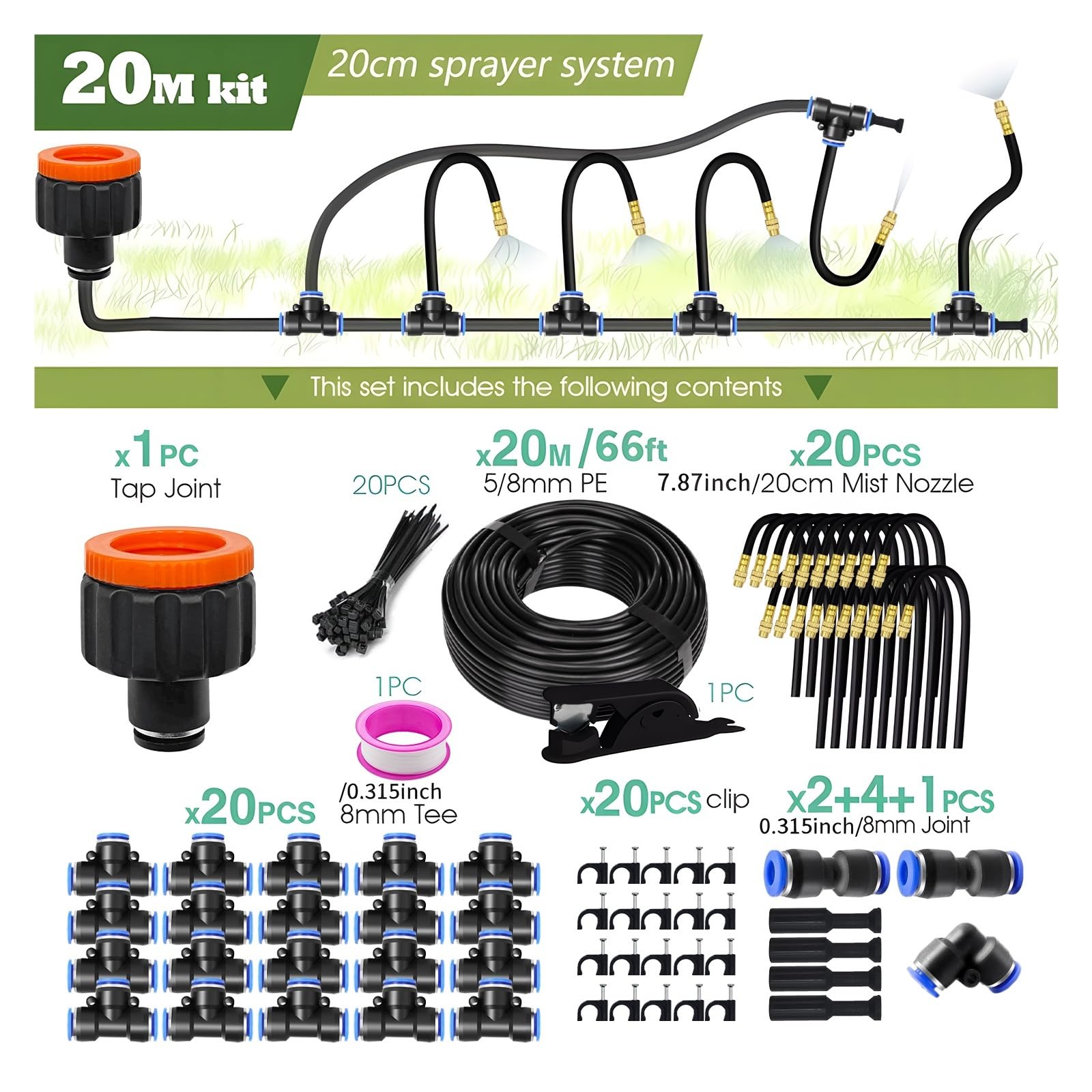 Manguera de riego de jardín de alta presión for limpieza de automóviles | Manguera de plástico for aspersores de alta presión for limpieza de jardines y automóviles.(20M kit)
