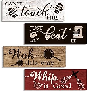 4 Pcs Kitchen Wall Sign, Rustic Kitchen Wood Sign Decorations Kitchen Wall Signs Decor Above Cabinet Baking Prints Signs, Farmhouse Hanging Wooden Signs for Home Kitchen (Classic, 4 x 11.8 inch)