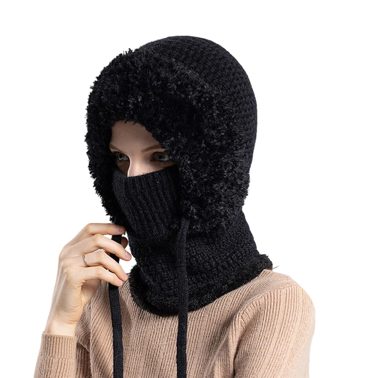 TASBER 3 in 1 Beanie Hat for Women, 3 in 1 Beanie Hat with Scarf and Mask, Women's Outdoors Windproof Scarf Hat (Black)