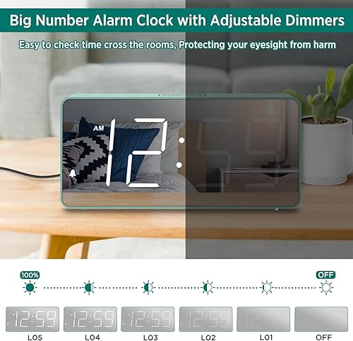 Miniatura 5 de Peakeep Reloj digital, reloj despertador alimentado por batería para dormitorios, esfera de espejo, números grandes, 6 atenuadores para personas Aqua