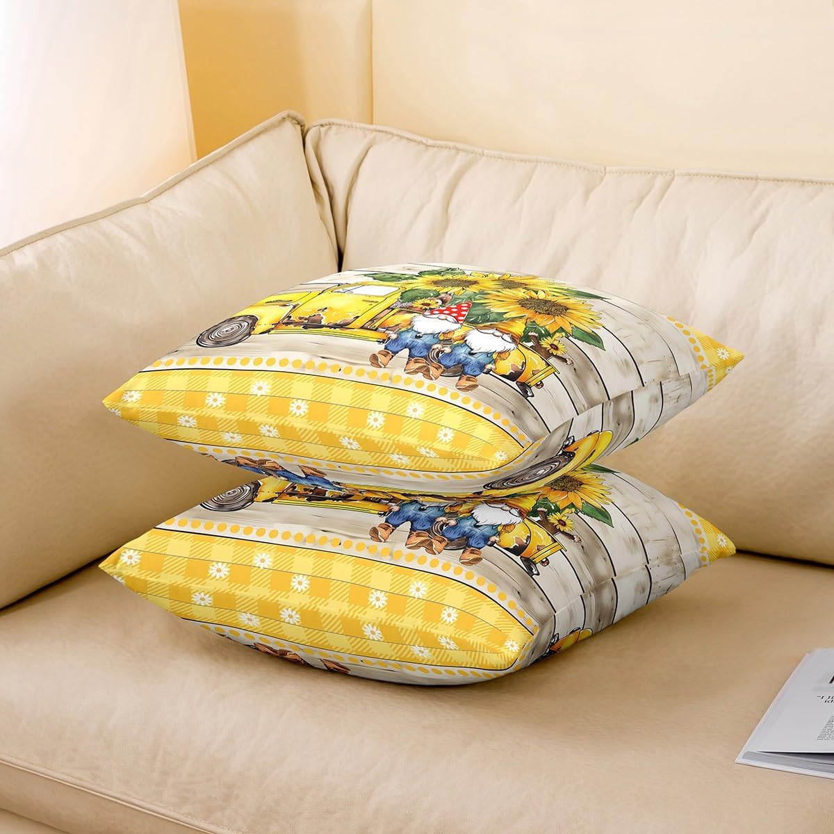 Erosebridal Spring Gnome Throw Pillow Cover,Yellow Sunflowers Pillow Cover for Sofa,Floral Truck Lovely Bee Gnome Dwarf Cushion Cover,Grey Wooden Board Decorative Pillow Cover 24x24 Inch