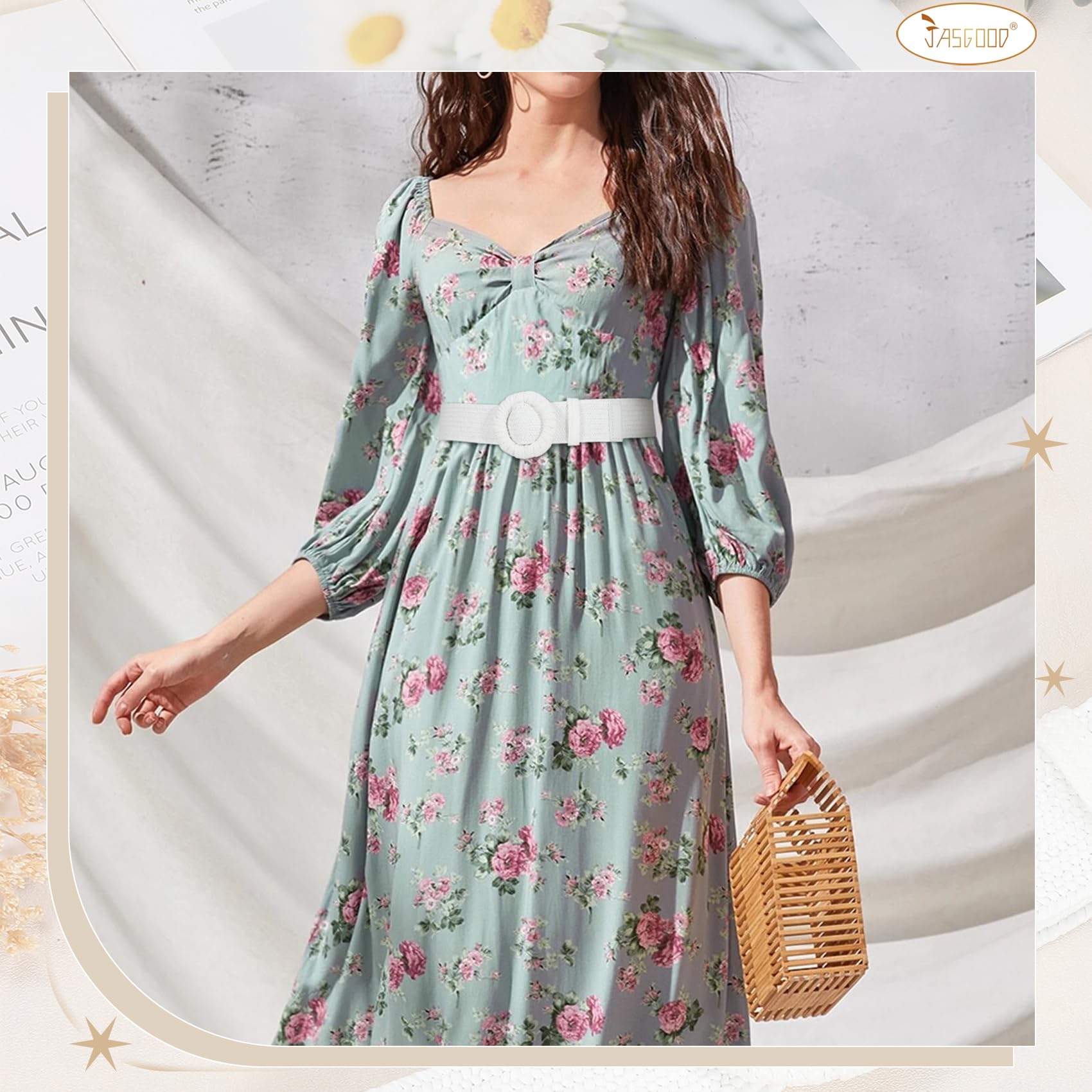 JasGood Stroh Geflochten Elastischer Gürtel für Damen Breiter Taillengürtel Rattan Gewebter Boho Gürtel für Kleider