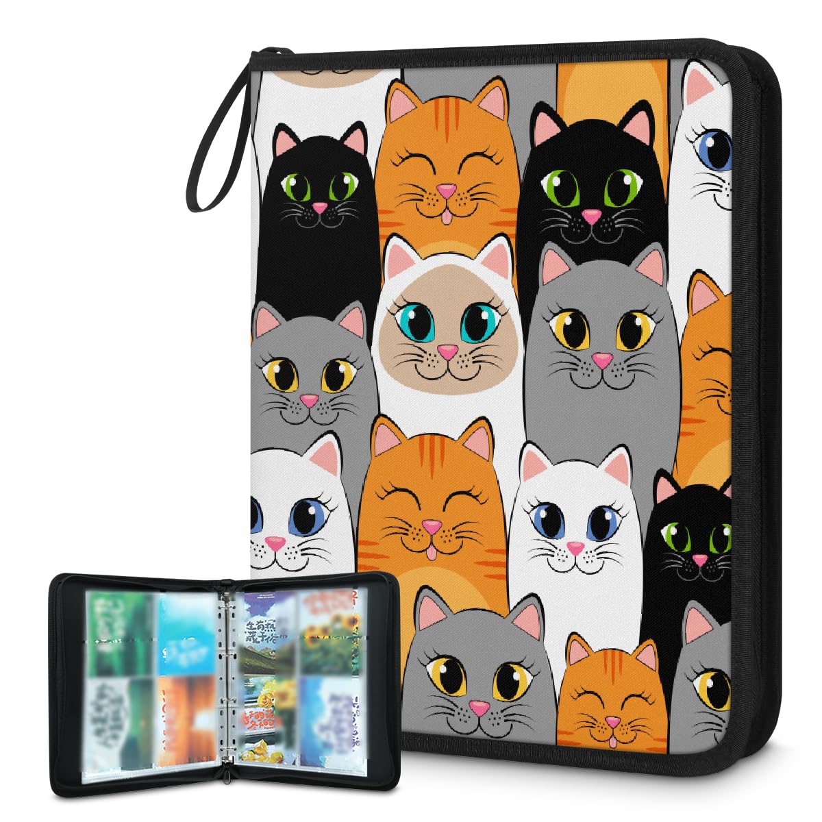 Raccoglitore per carte collezionabili con 4 tasche, con stampa di gatti, con maniche rimovibili, impermeabile, con cerniera, 50 pagine, capacità 400 carte