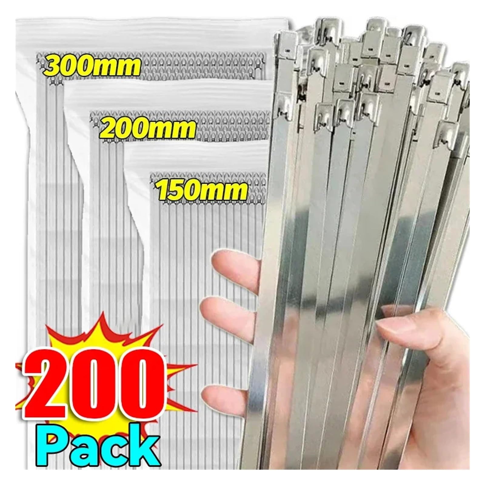 Fascette in acciaio inossidabile 20/200 fascette stringicavo in acciaio inossidabile, riutilizzabili, autosigillanti, con anello di fissaggio, organizer multiuso in metallo(4.6x300mm,200PCS)