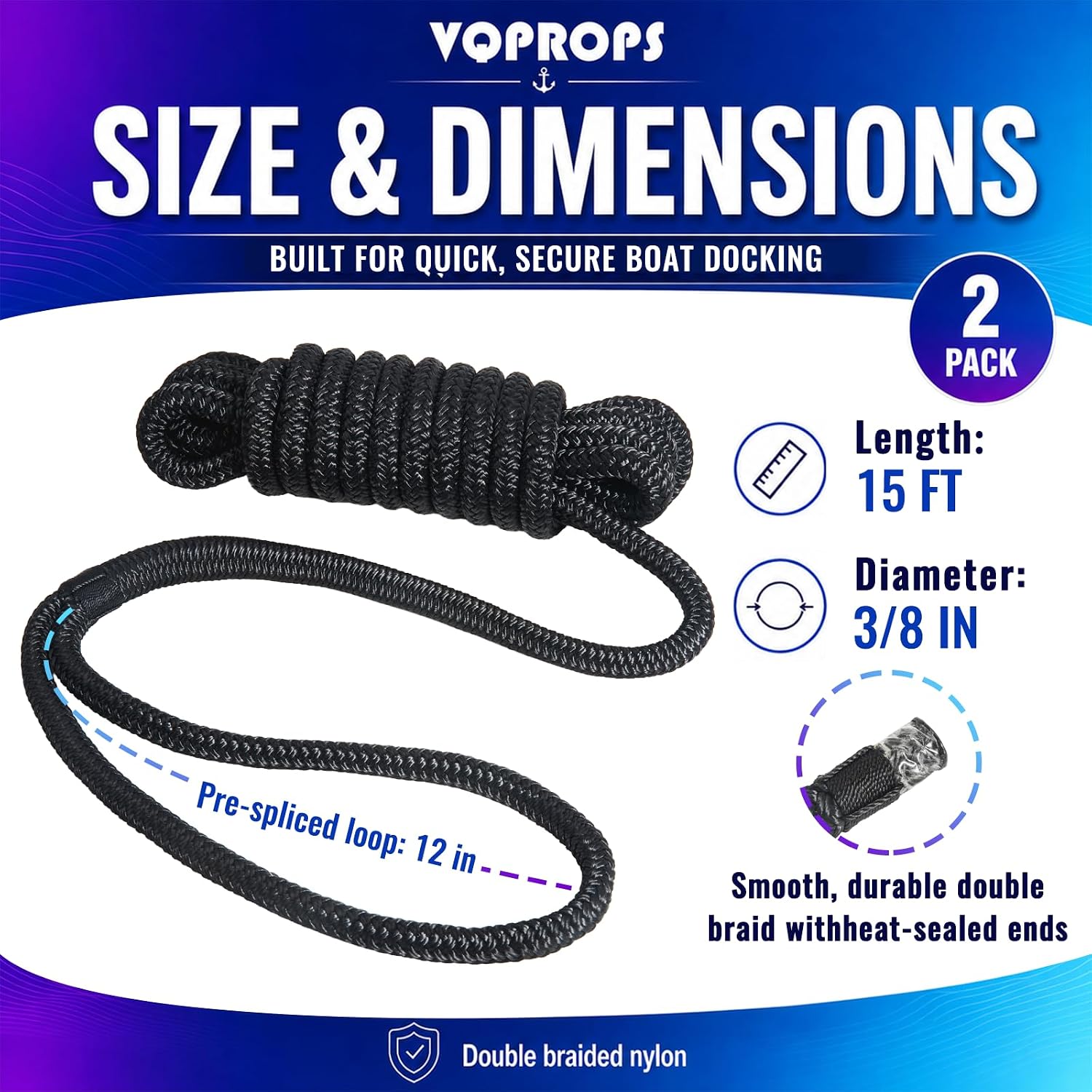 2 Pack Boat Dock Lines 3/8" x 15' - Premium Marine Grade Double Braided Nylon Rope with 12" Eyelet Loop for Docking, Mooring and Small Boats, Pontoons - Easy Handling, Black