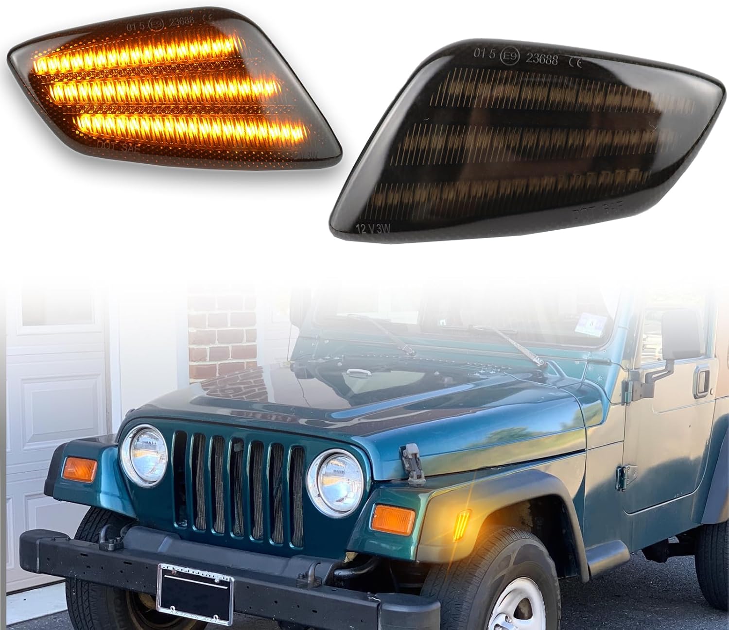 LED Front Fender LED Side Marker Lights Amber Daytime Running Lamp Kit for Jeep Wrangler TJ 1997-2006,Super Bright Day Running Lights,Smoked Lens Side Bumper Marker Lamps,2pcs