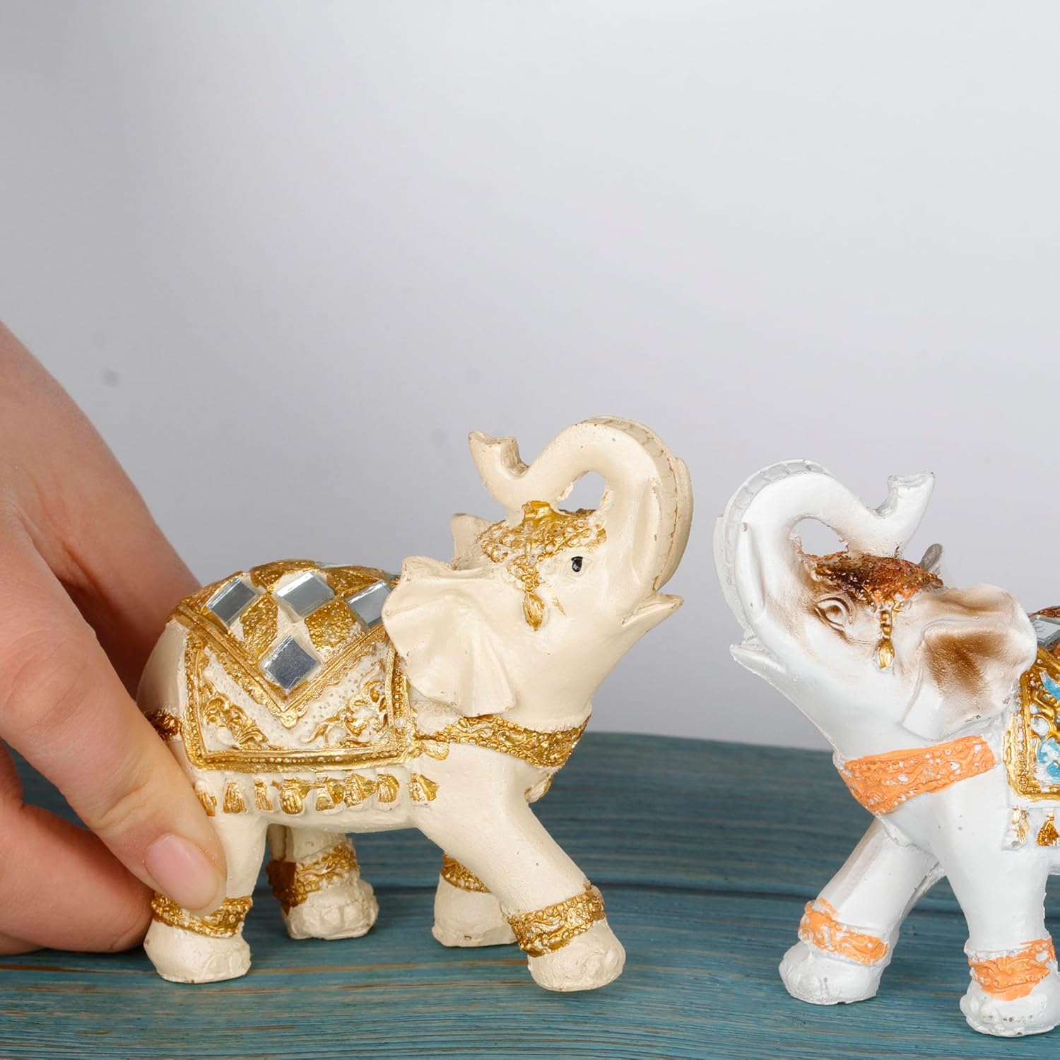 Set of 2 Elephant Statues and Figurines - Lucky Wealth Elephant Gifts for Home Decor - Statue with Trunk Up - 3.9" L x 3.9" H - Image 3