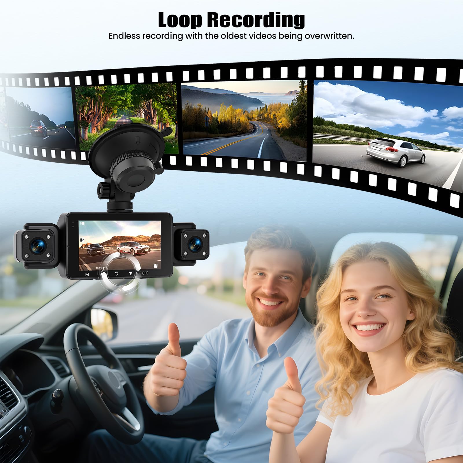OiLiehu 4 Canales Cámara para Salpicadero 3 Pulgadas para Coches, Resolución 1080P + 480P, Cuatro Lentes con G-Sensor, Visión Nocturna, Grabación en Bucle, Asistencia Aparcamiento, Wi-Fi Aplicación