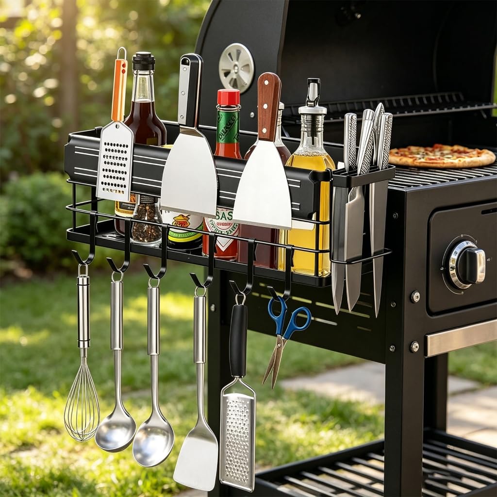 Pratico ripiano laterale per barbecue con 6 cerchi e attraente gruppo per utensili da cucina