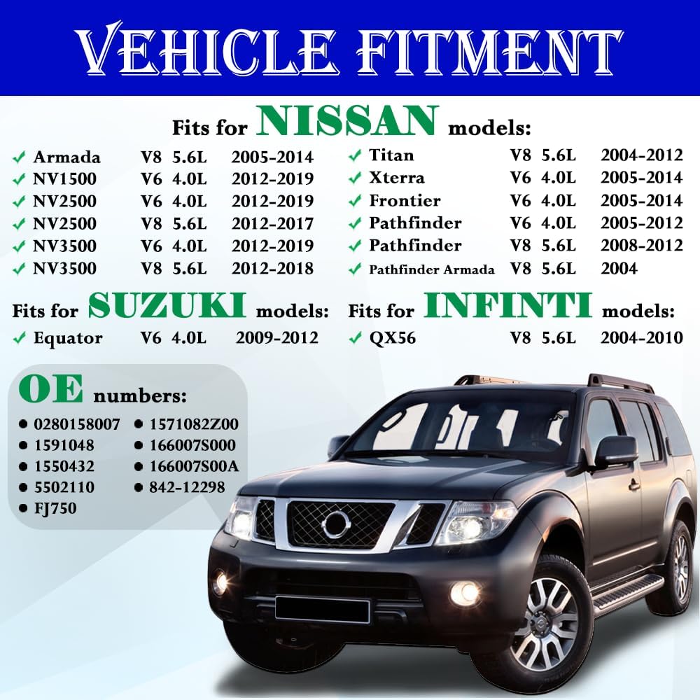 Upgraded 12 Holes GAS Fuel Injectors Fit For NISSAN: Pathfinder/Titan/Armada/Frontier/ NV1500 2500 3500, For INFINITI: QX56, V6 4.0L/ V8 5.6L 2004-2019, OEM # 0280158007 (8 Pcs)