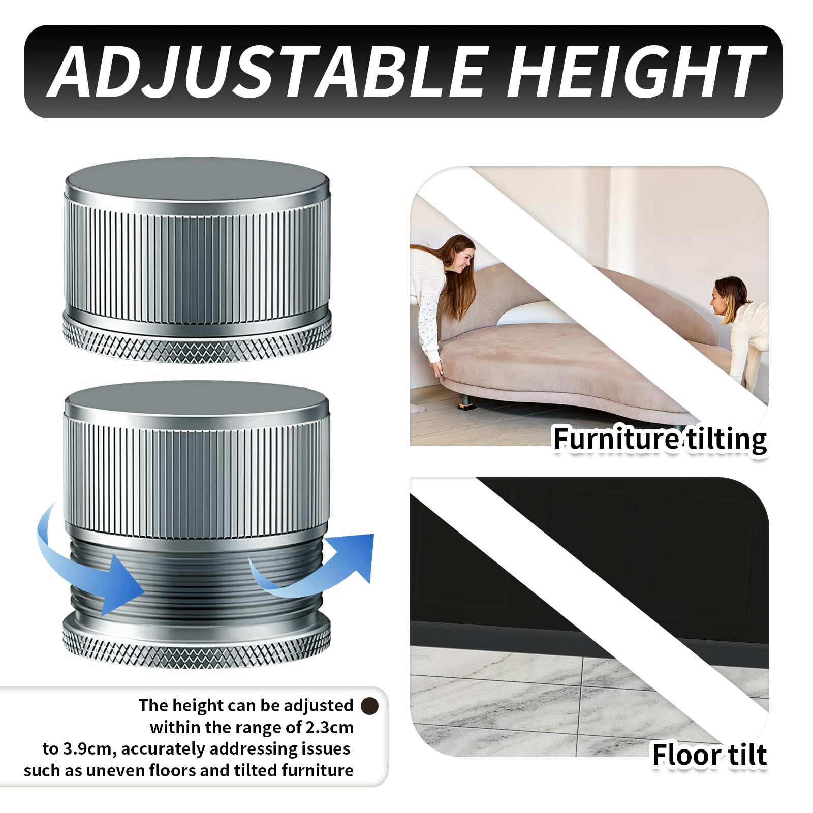Patas para Muebles, Patas Mueble, Pies Regulables para Muebles de Metal, Altura Ajustable de 2,3 a 3,9 cm Pies Regulables, Patas Mesa para Mesas, Armarios, Mesas de Centro, 4 Piezas, Gris