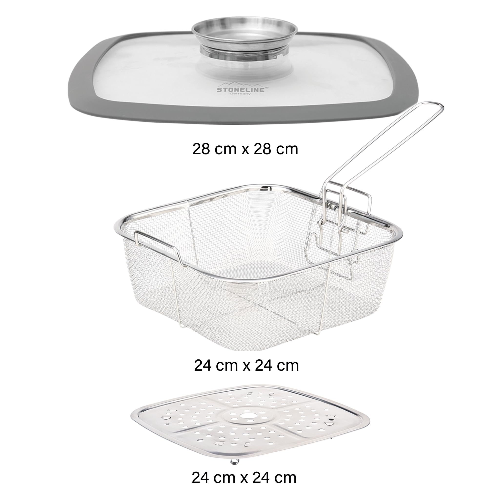STONELINE Cocotte carrée multi-usage 28x28 cm, avec fonction Vapeur et Friture, convient à l'Induction, en Fonte d’Aluminium, Revêtement Antiadhésif avec de vraies particules de pierre, Gris