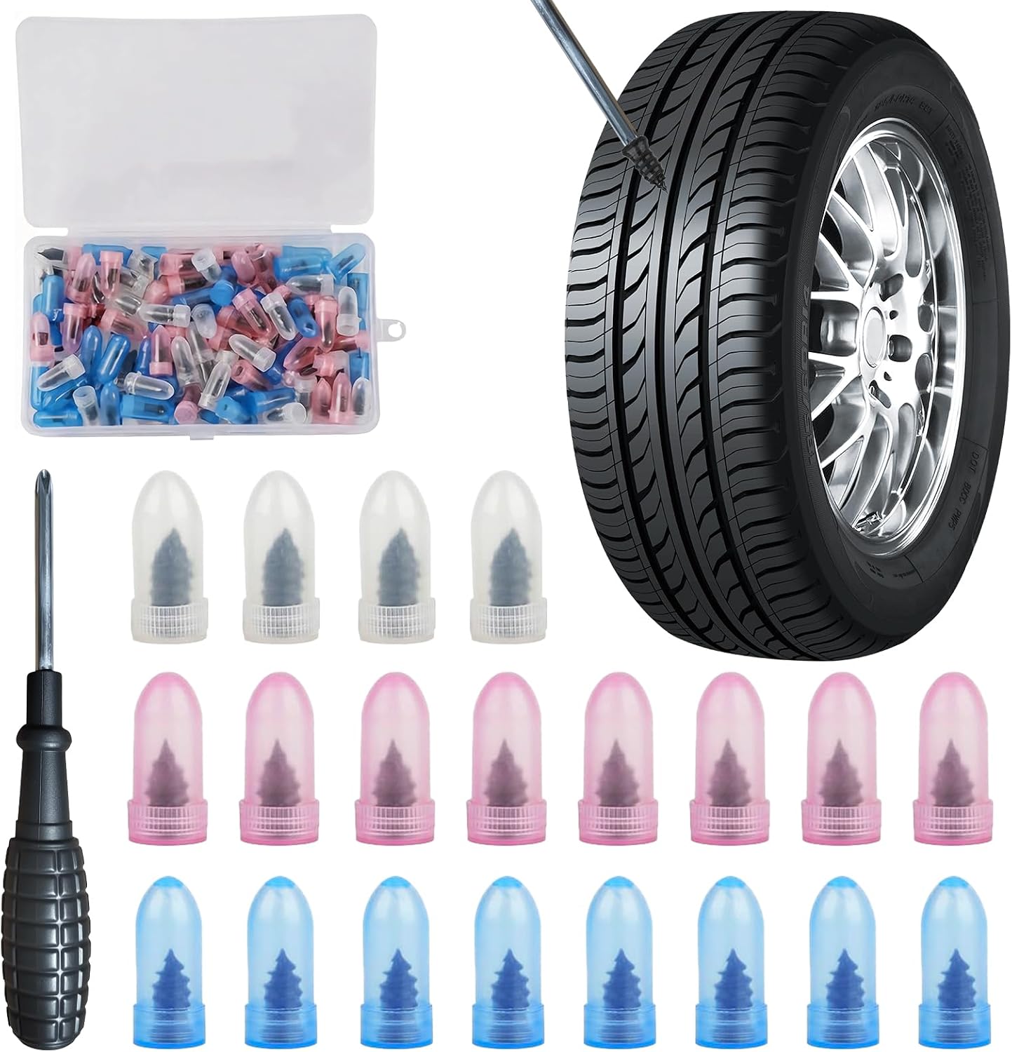 100 Pcs Tire Repair Rubber Nail with Screwdriver, Vacuum Tire Repair Kits Spiral Rubber Screws for Car,Motorcycle,Truck,Bicycle, Self-Service Tire Hole Quick Repairs Tool