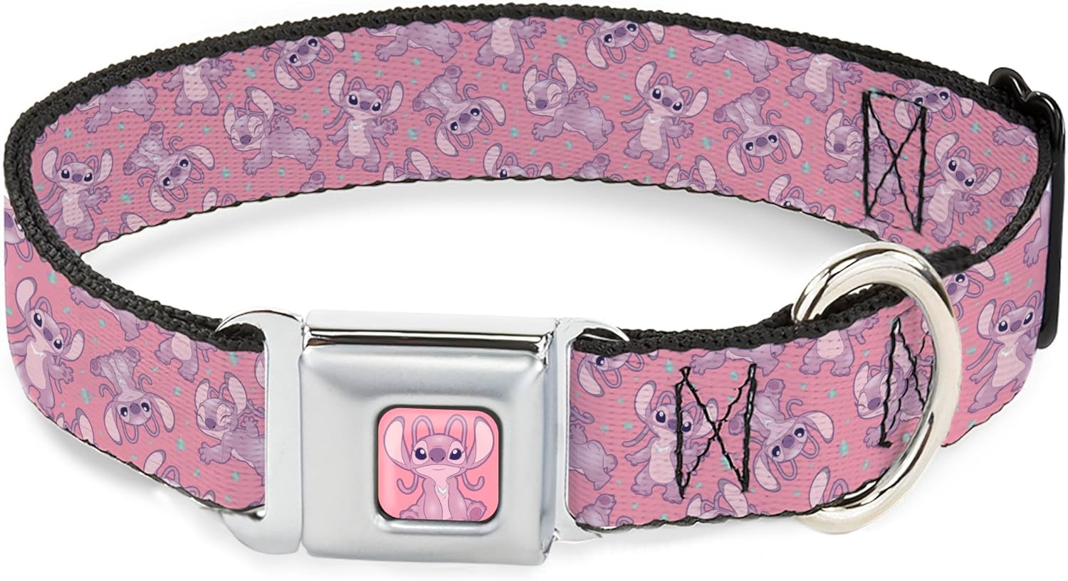 Disney Pet Collar, Dog Collar Metal Seatbelt Buckle, Lilo and Stitch Angel Poses Scattered Pinks, 13 to 17 Inches 1.5 Inch Wide