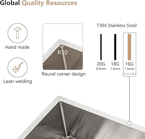 Miniatura 4 de Dcolora DC-T7742 - Fregadero de cocina de 30 pulgadas con caída en la parte superior, de acero inoxidable 304, calibre 16, con esquina redonda, 30 x