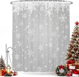 Christmas Shower Curtain, Xmas Snowflake Sparkle Glitter Winter Waterproof Shower Curtains for Bathroom, Washable Fabric New Year Gray Bathroom Curtains for Home Hotel Bathtub Decor Standard 72"Wx72"L