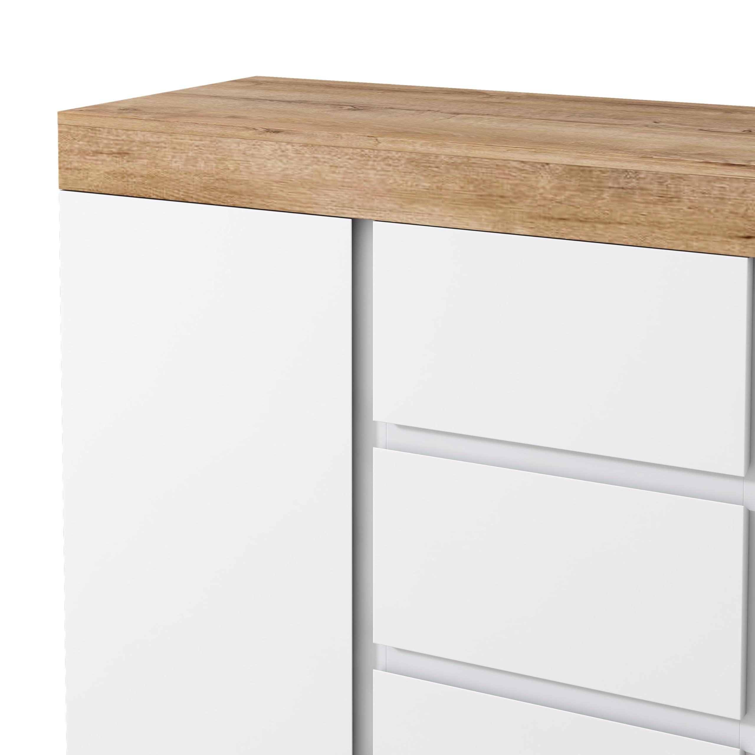Merax Buffet de cuisine avec 3 tiroirs et 2 portes pour cuisine, buffet avec plan de travail, pour salle à manger, salon, style maison de campagne, blanc et chêne, 120 x 40 x 82 cm