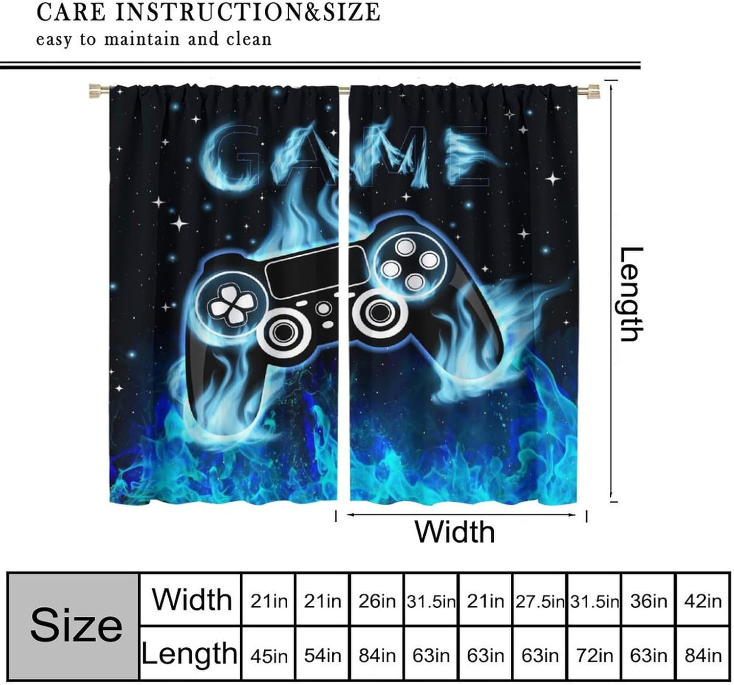 Video Gamer Curtains for Boys,Fantasy Cartoon Blue Flame Computer Gamepad Starry Window Treatments Print for Kids Teenage Bedroom Living Room 41x63.5in（No Blackout）