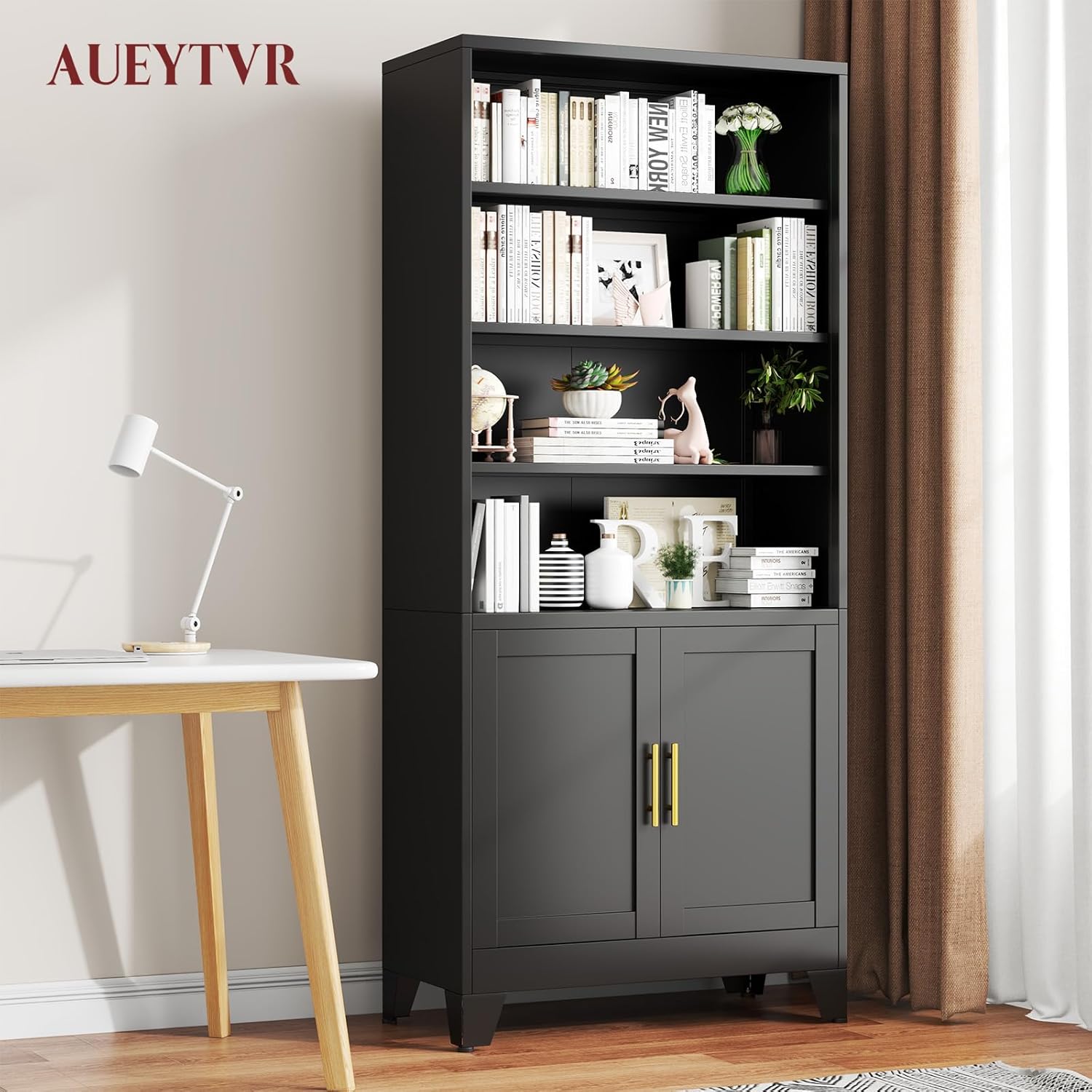 Metal Bookshelves and Bookcases with Doors Floor Standing 6 Shelf Display Storage Shelves 71 in Tall Bookcase for Home Office, Living Room (Black1)