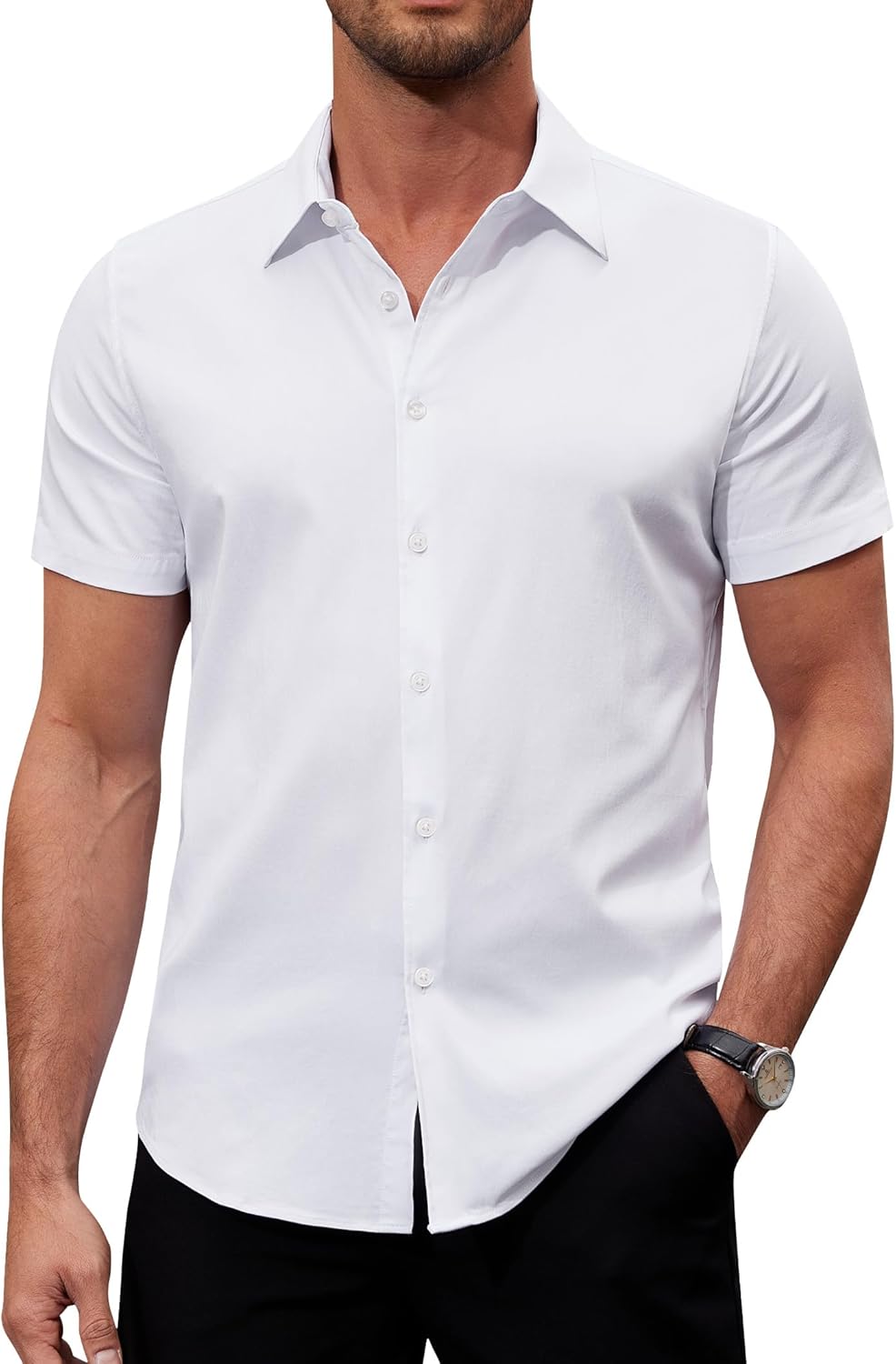Alimens & Gentle Men's Short Sleeve Dress Shirts Stretch Regular Fit Shirt Casual Button Down Business Shirts