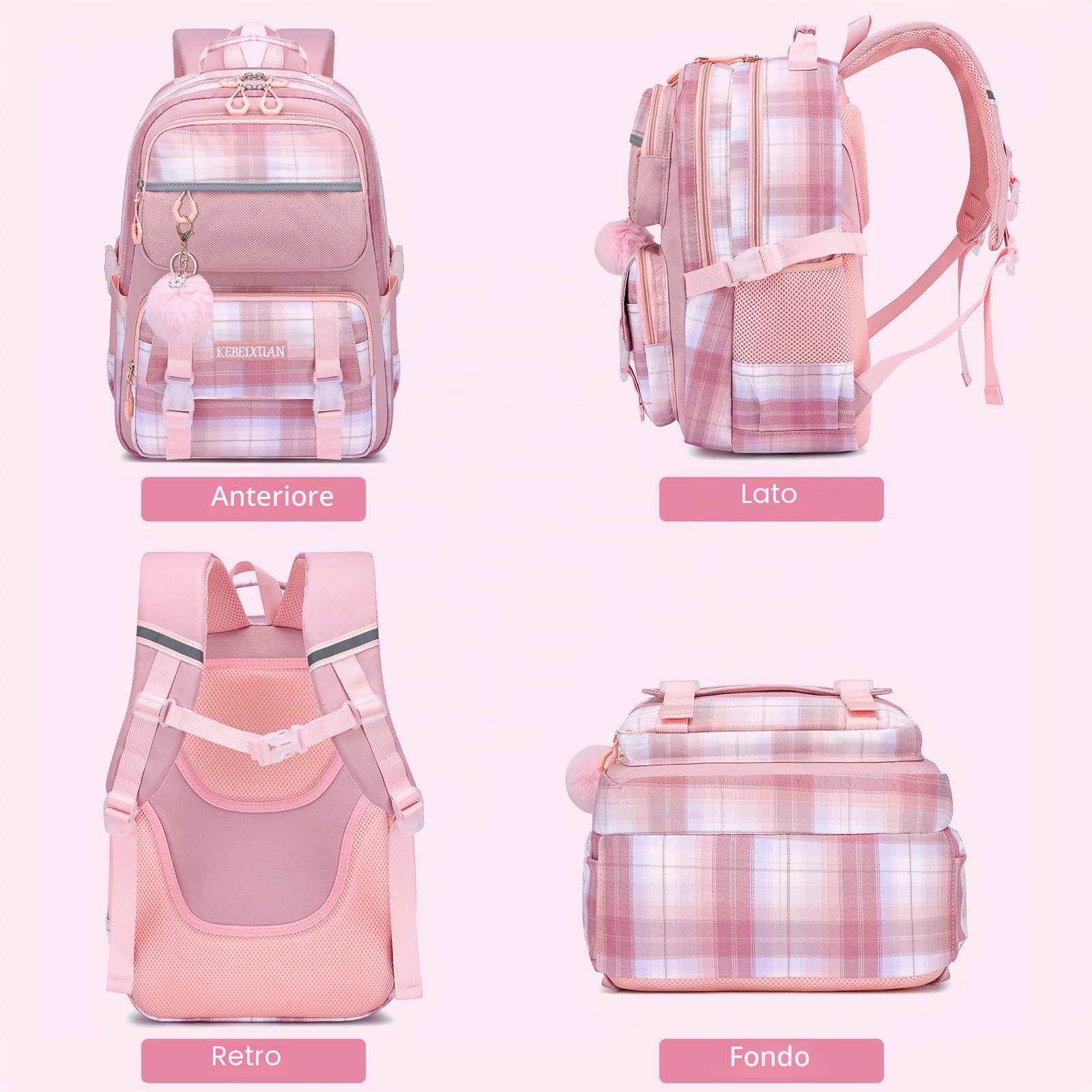 KEBEIXUAN Borsa scuola primaria per bambini, zaino personalizzato per bambini, borsa per libri scolastici da bambina, con ciondolo Kawaii, per bambini dai 6 ai 12 anni