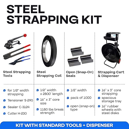 Miniatura 52 de IDL Packaging Kit de flejado de acero portátil de 5/8 pulgadas x 400 pies, resistencia a la rotura de 1400 libras - Solución de flejado de embalaje