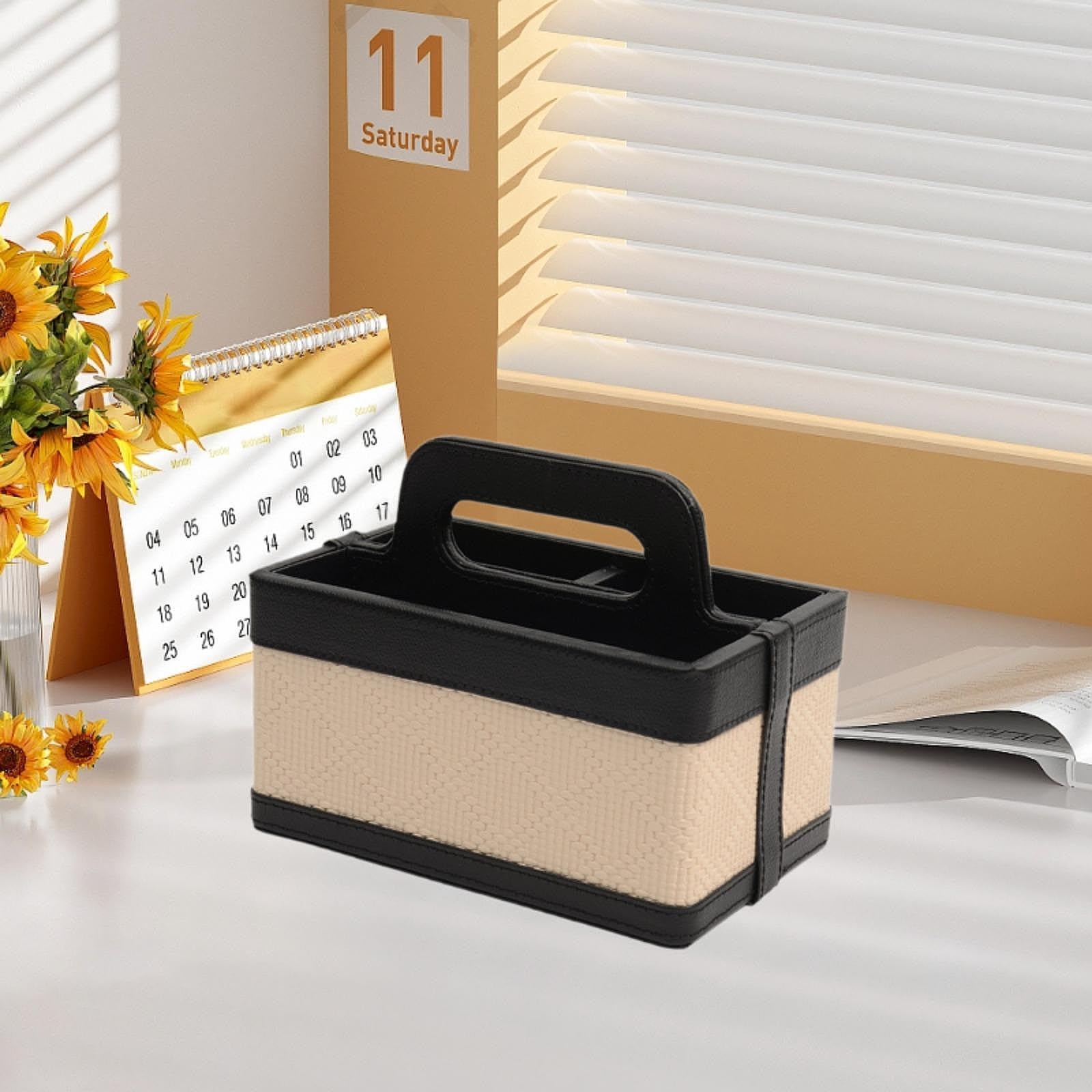 jojomis Schreibtisch-Organizer aus PU-Leder, luxuriöse Aufbewahrungsbox mit Griff, kreative Kosmetik, Schmuck-Organizer, Box für Zuhause, Schule, Büro, 21,5 x 13,5 x 11,5 cm, Schwarz