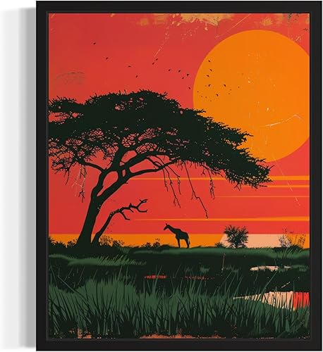 Póster impreso de arte de pared con puesta de sol de África, pintura de paisaje africano, vida silvestre, decoración de arte pop, arte africano,