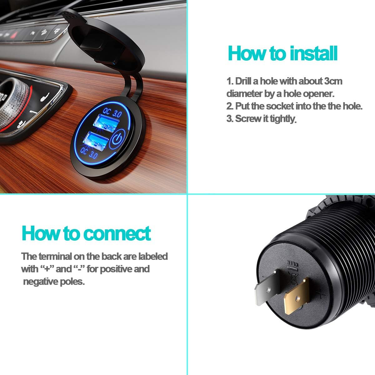YONHAN 12V USB Outlet, Quick Charge 3.0 Dual USB Charger Socket Outlet 36W 12V/24V Motorcycle USB Car with Touch Switch Fast Charger with 10A Wire Fuse Waterproof for Truck Boat Bus Golf Cart (Blue)