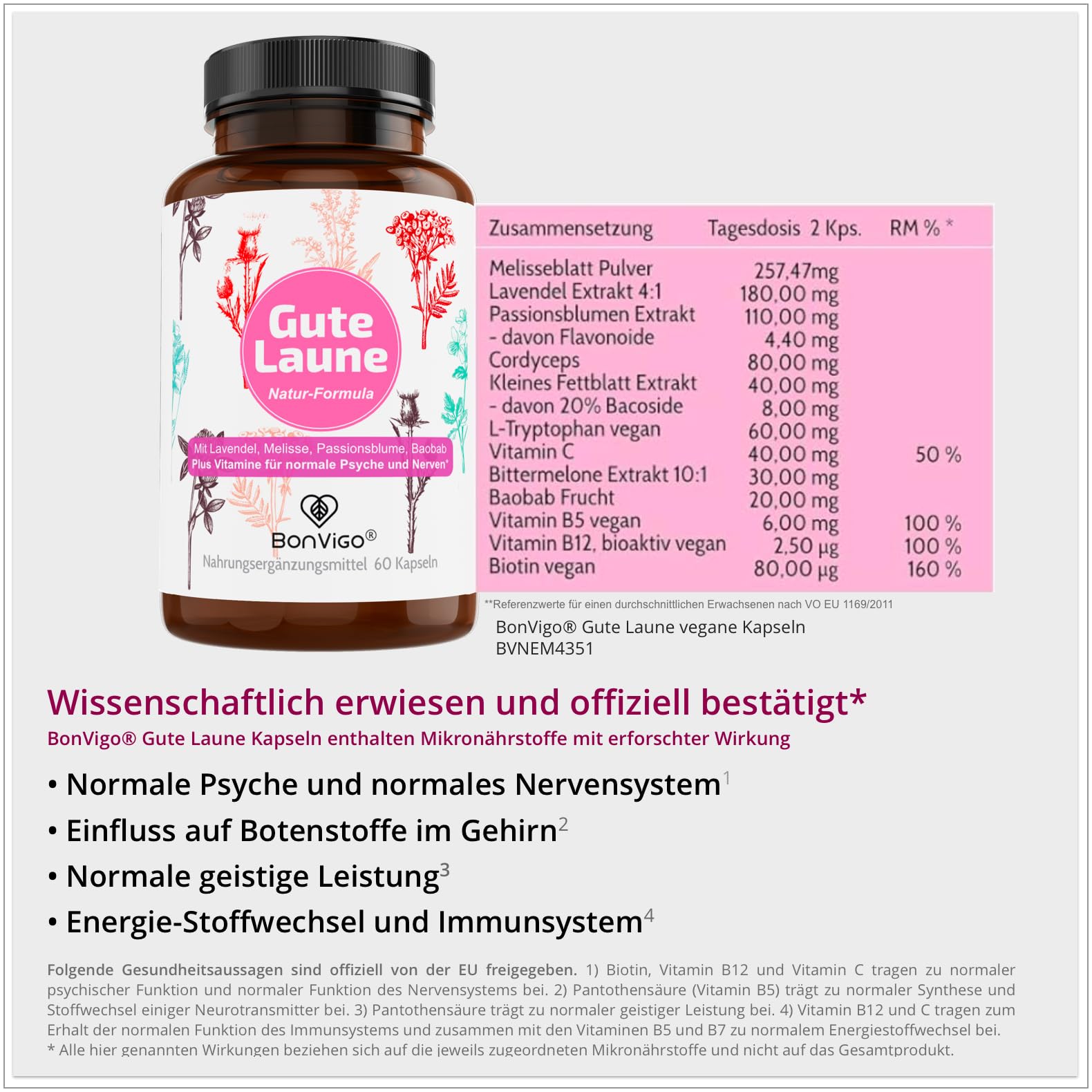GUTE LAUNE - Normale Funktion Nervensystem & Psyche unterstützen (Vit. B7 B12), die Gehirn-Botenstoffe (Vit. B5) - Natur-Komplex Lavendel Passionsblume Melisse, Tryptophan, 120 Kapseln