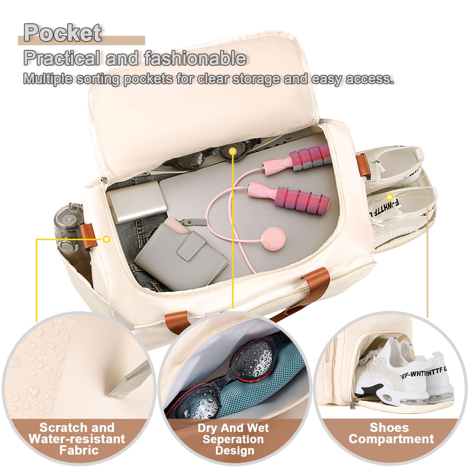 Borsone Palestra Borsone da Palestra Sportivo da Donna e Uomo con Scomparto per Scarpe, Borsone da Viaggio per il Fine Settimana, Borsone da Notte per Donna Marrone Beige