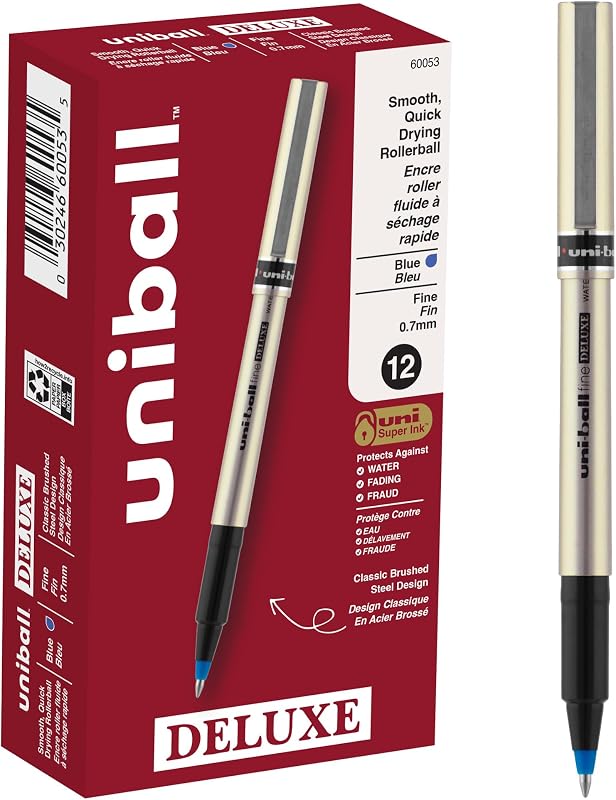 Bolígrafo Rollerball Uni-ball Deluxe, 12 azules de 0,7 mm, escritura suave, tinta impermeable, punta fina, suministros de oficina