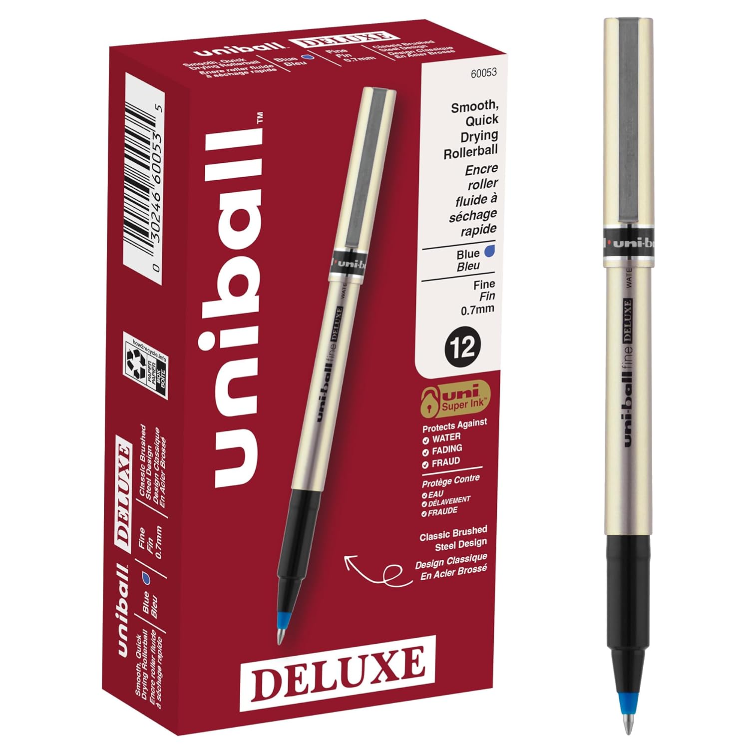 Uni-ball Deluxe Rollerball Pen, 12 Blue 0.7mm, Smooth Writing, Waterproof Ink, Fine Point, Office Supplies