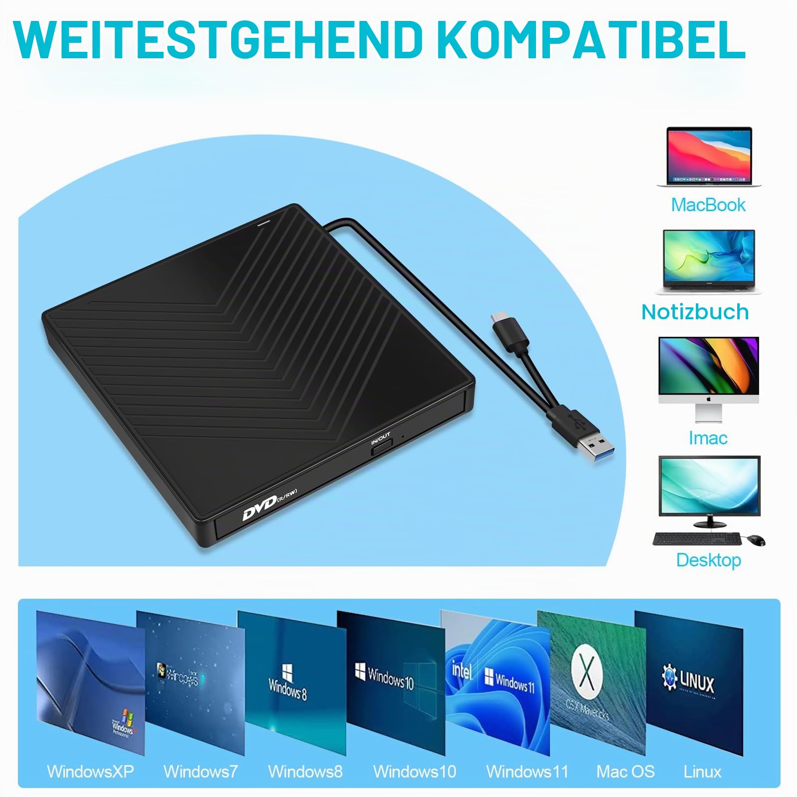 Externes CD DVD Laufwerk USB 3.0 & Typ-C, Tragbares CD-DVD +/-RW ROM Laufwerk Leser Brenner Rewriter mit SD/TF, 4 USB & USB-C Port, für Laptop PC Windows 11 10 8 7 XP, Linux, Mac OS