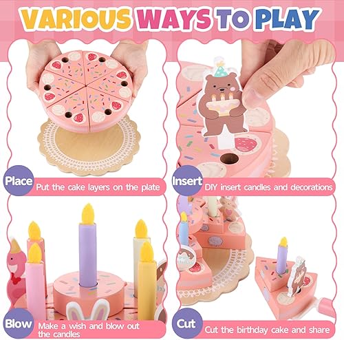 Miniatura 4 de GAGAKU Juguete de madera para pastel de cumpleaños  Juego de pastel de cumpleaños falso de 3 niveles para niños pequeños, juego de comida de madera