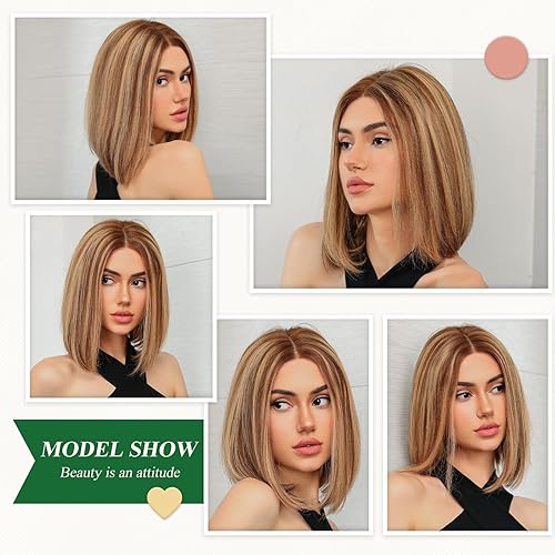 Miniatura 5 de Pelucas rubias con reflejos estilo Bob para mujer, longitud al hombro, peluca de encaje de cabello humano con raíces oscuras