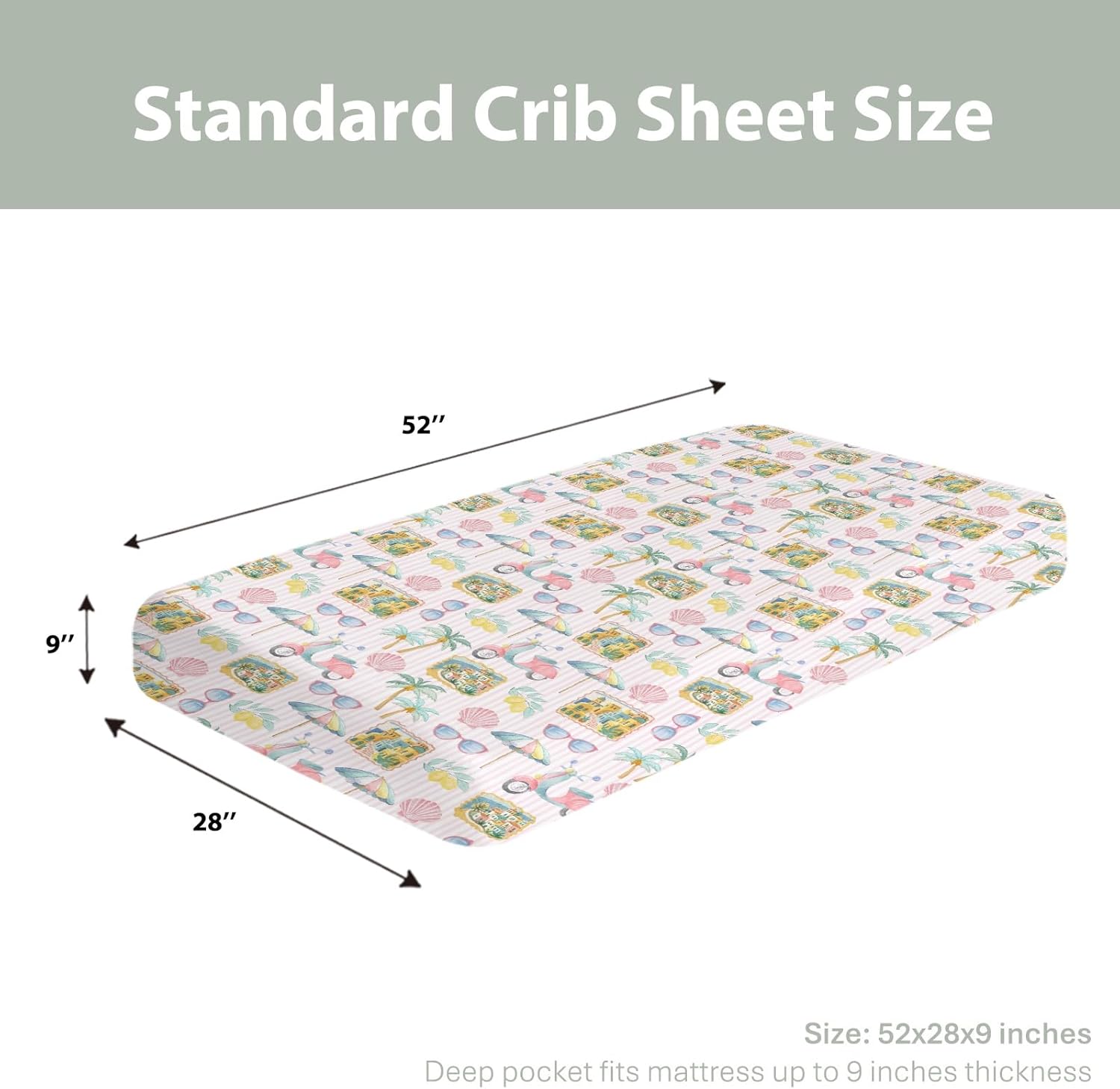 Pastel Summer Beach Baby Crib Sheets for Boy Girl 52"x28" Lemon Palm Tree Seaside Village Stripes Soft Snug Fitted Crib Mattress Cover Vibrant Coastal Baby Sheet for Crib & Toddler Bed Mattress