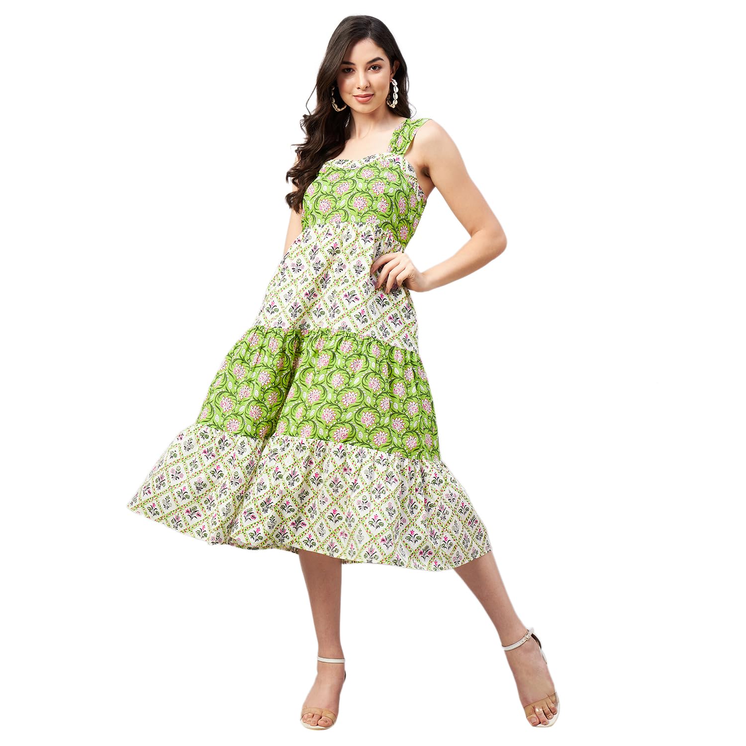 Women Green & White Shoulder Strap Panelled Dress-image-43