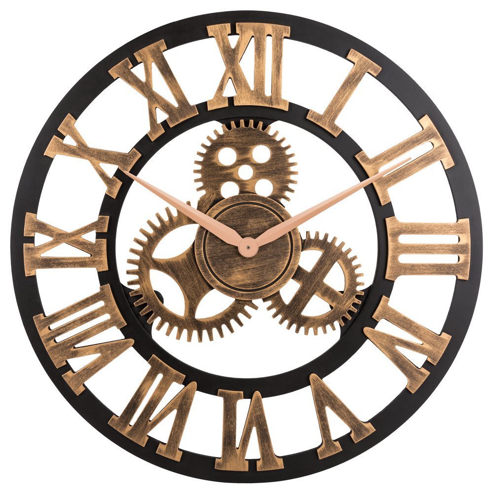 HQFRoman Numeral Wall Clock, Eruner Industrial Large Decorative 3D Gear Wooden Clock Silent Non-Ticking European Retro for Kitchen Living Room Cafe Restaurant Decor, Gold Silver