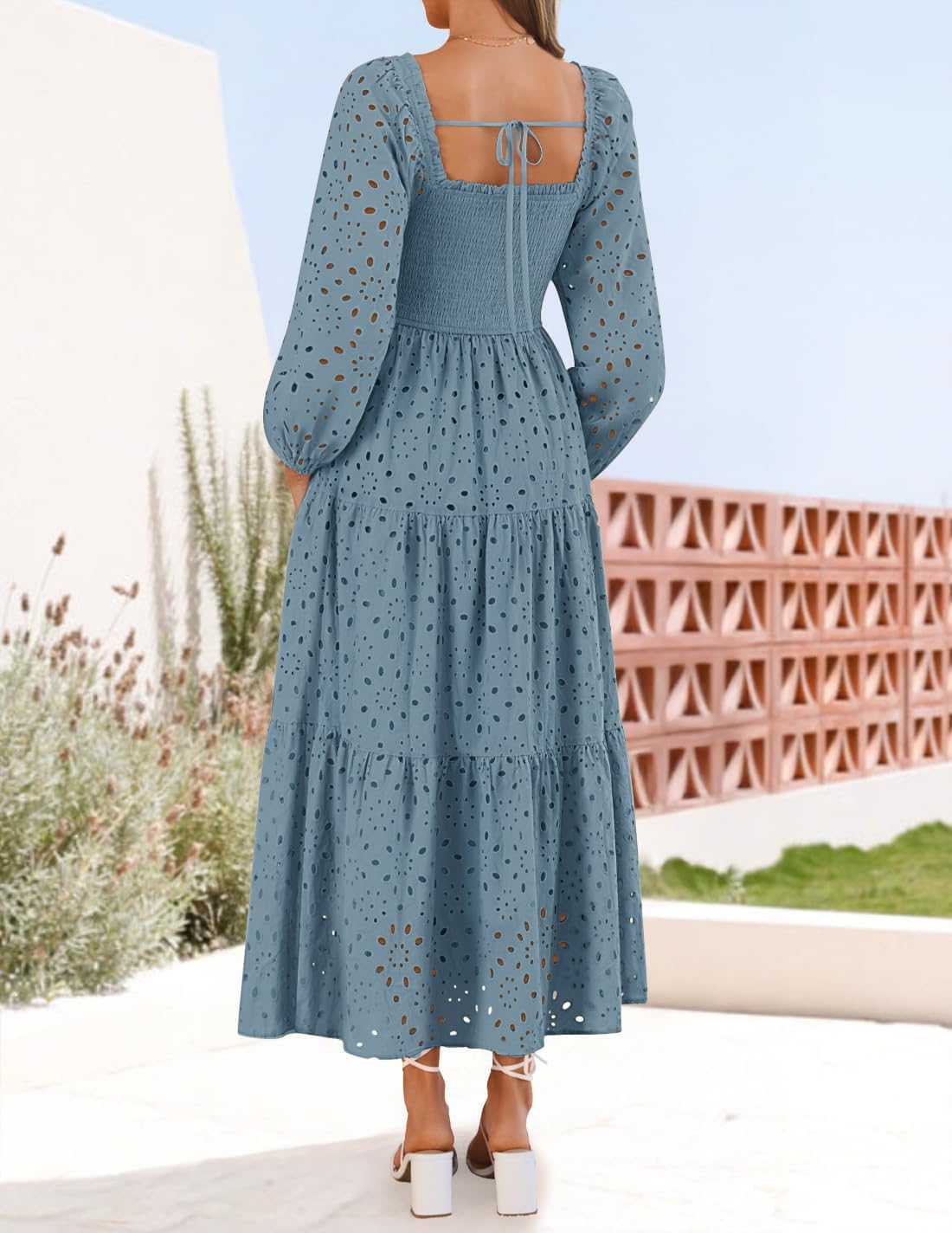 ZESICA Women's Spring Long Sleeve Maxi Dresses 2026 Square Neck Hollow Out Eyelet Smocked A Line Cocktail Party Dress