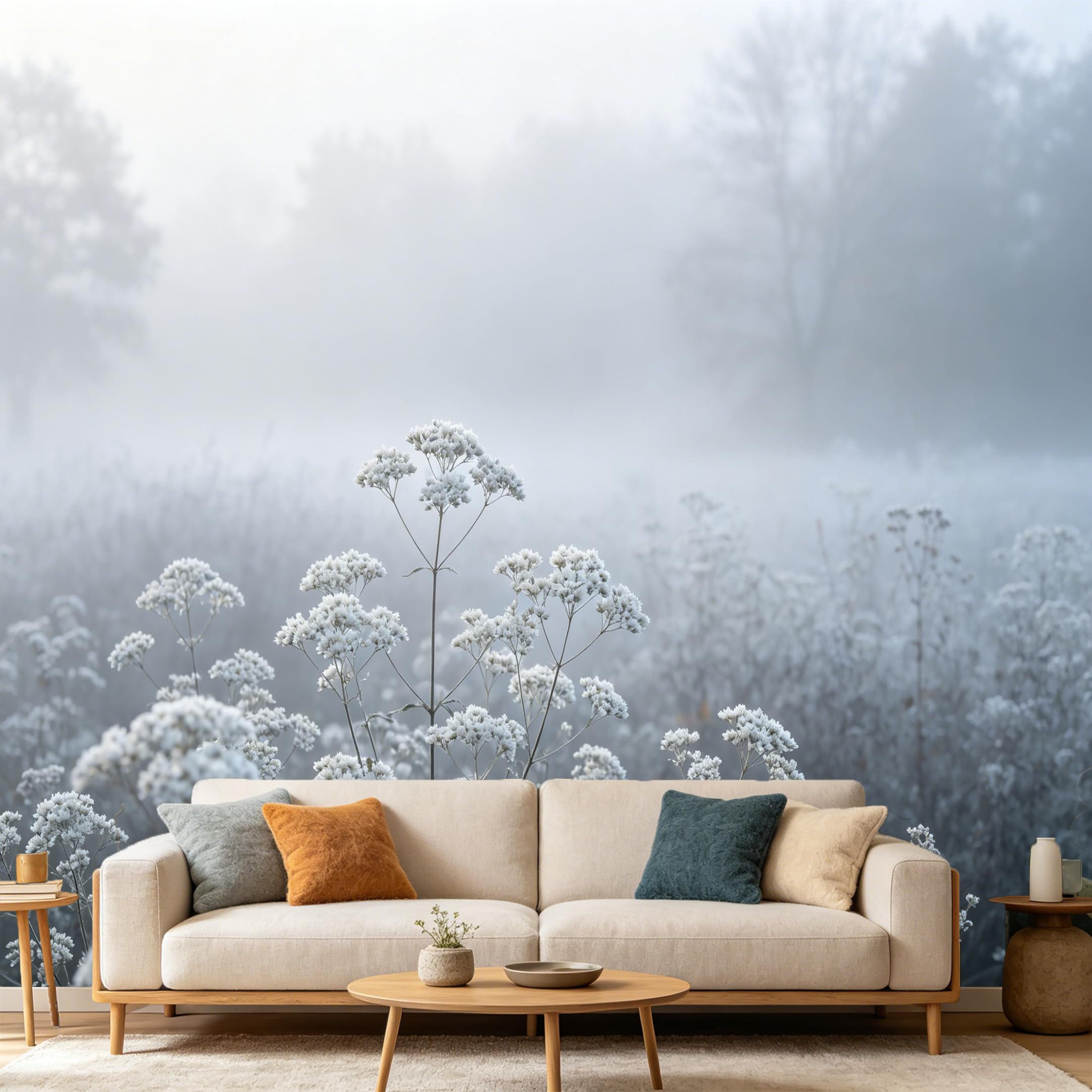 Custom Size Wall Mural Misty Morning Forest White Wildflowers Landscape SelfAdhesive Art Prints wall Fabric（No PVC） Removable Wallpaper Home Bedroom Decor