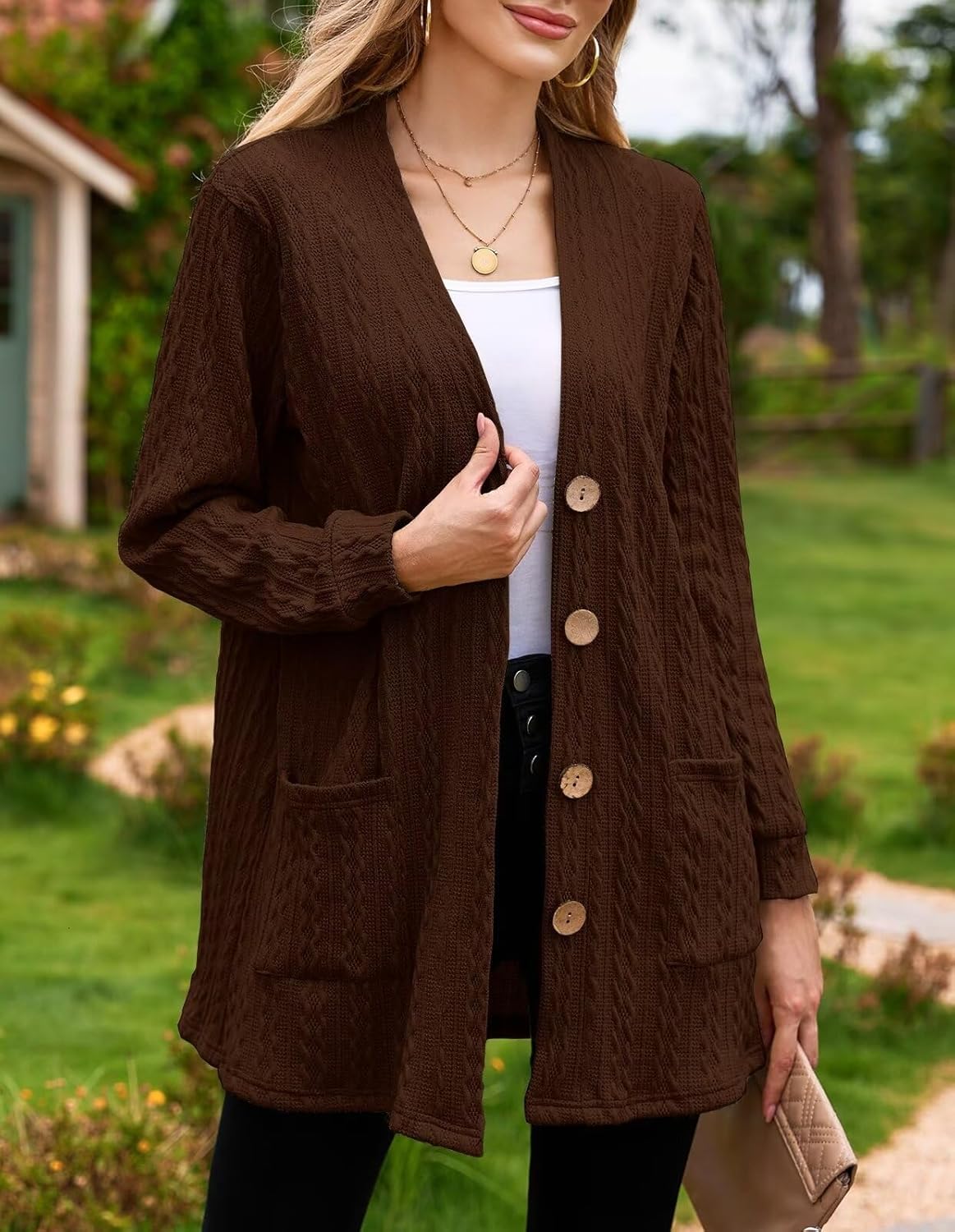 LARACE Open Front Cardigan for Women Cable Knit Sweater with Pockets Plus Size Long Sleeve Tops Button Down Winter Coat - Image 6