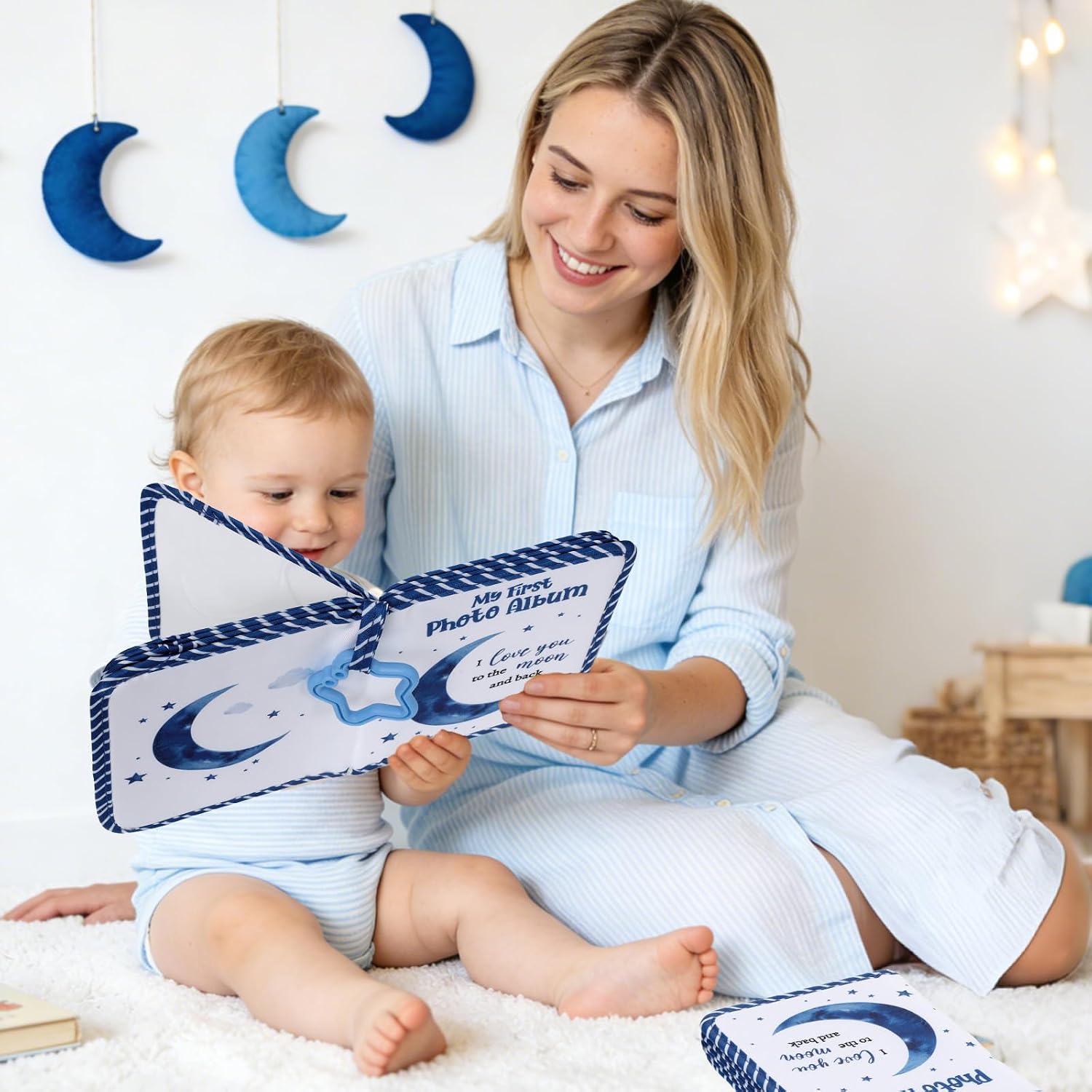 QOUBAI Baby's My First Family Album Soft Photo Cloth Book Holds 4x6 Family Pictures My First Book of Photos Baby Memory Album Gender Neutral Gift for Babies Newborn Toddler Baby Shower Moon
