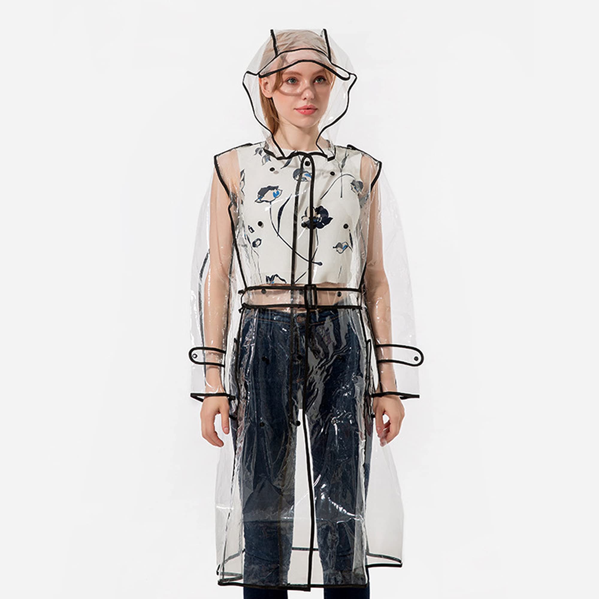 Poncho de Pluie EVA Réutilisable Transparent pour Femmes avec Capuche, Trench-Coat Imperméable à Manches Longues Vêtements de Pluie