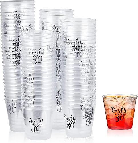 1 oz Dirty 30 vasos de chupito, 100 vasos desechables de plástico duro, regalos de fiesta de cumpleaños sucios de 30 años, decoraciones de